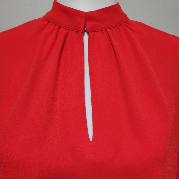 🔥 Ann Taylor Factory Cherry Red Flounce-Cuff Keyhole Blouse — Medium Petite - Picture 1 of 4